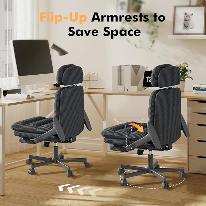 GXJ Criss Cross Legged Office Chair with Flip-up Arms, Footrest, G800 Plus | 6.3" Cushion Relieves Tailbone Pain, Head-Lumbar Support Eases Fatigue, Smooth Rolling Wheels, Corduroy Desk Seating, Black