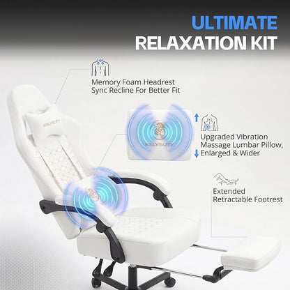 Desk Computer Gaming Chair - Ergonomic Game Office Chair with Extended Footrest and Massage Lumbar Support, Home Gamer Video Game Chairs with Spring Cushion for Adults (Pro White Leather)