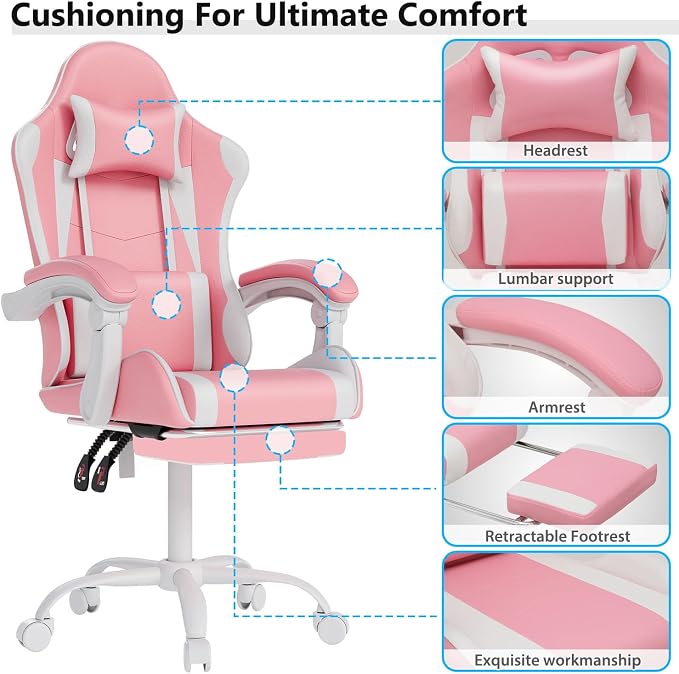 OS MOTOR Gaming Chair with Headrest and Lumbar Support, Ergonomic High Back Office Chair, Racing Style Executive Computer Desk Chair, Leather Adjustable Swivel Task Chair for Home Office (Pink White)