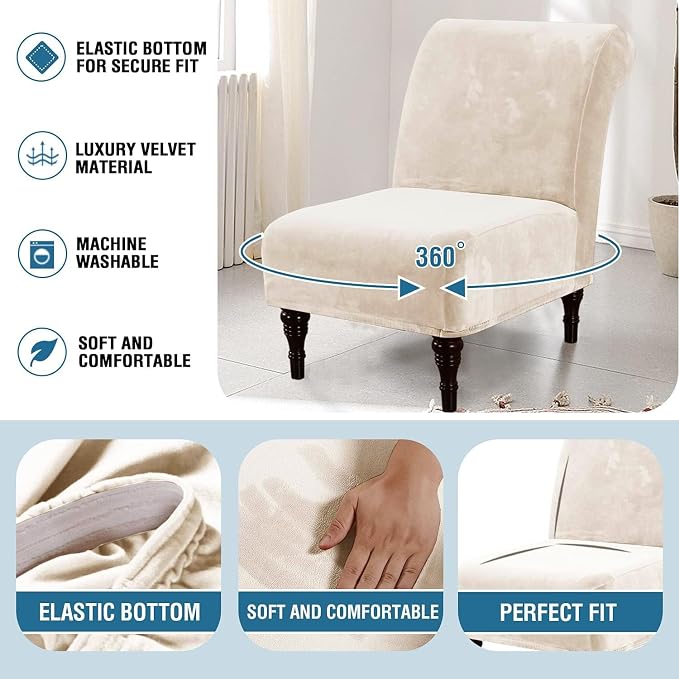 H.VERSAILTEX Armless Accent Chair Covers Thick Velvet Armless Chair Slipcovers High Stretch Chair Covers for Living Room Hotel Machine Washable Furniture Protector with Elastic Bottom(Small, Ivory)