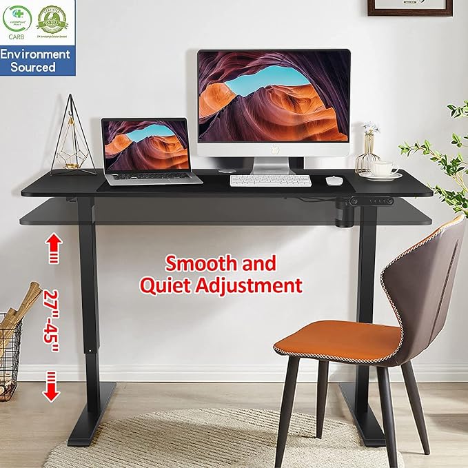 Standing Desk Adjustable Height, Electric Height Adjustable Table, 55'' X 24'' Stand Up Desk with Double Hooks and Wheels, 27''-45'' Lifting Range Sit Stand Home Office Desk(Black)