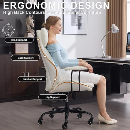 E-Motie Office Chair, Leather Desk Chair with Rubber Wheels, Ergonomic Computer Chair 500 LBS with Lumbar Support, High Back Executive Chair for Modern Home Office, White