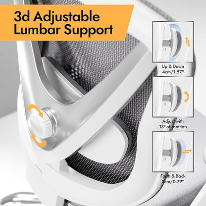 HOLLUDLE Ergonomic Mesh Office Chair - 3D Adjustable Lumbar Support & 3D Armrests, V-Shaped Back, Adjustable Desk Chair for Office & Home, White