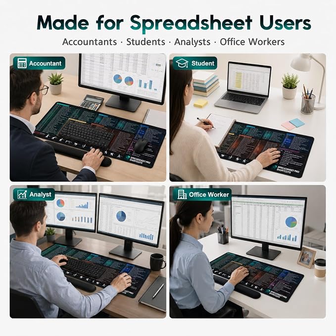Excel Cheat Sheet Mouse Pad Set, 3-Piece XXL Excel Shortcut Desk Mat with Keyboard Wrist Rest & Mouse Wrist Rest, Non-Slip Spreadsheet Reference Pad for Office, Accountants, Students, Carbon Black