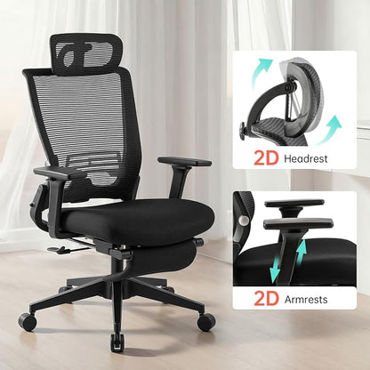 Foldable Office Chair with Foot Rest, Ergonomic Office Chair with Adjustable Lumbar Support, Headrest, Armrest, Home Office Desk Chairs for Space Saving, Work from Home, Black