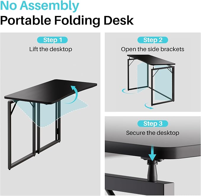 JOYMOOP Black 47.2" Folding Desk, No Assembly Small Foldable Desk for Home, Office, Wooden Top Folding Computer Desk for Working, Writing, Studying - Large Size