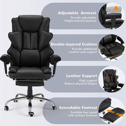 HOMREST 6-Point Massage Office Chair,Heating Executive Chairs,Ergonomic Home Office Desk Chairs with Retractable Footrest and Reclining Function,Leather Computer Chair with Adjustable Armrest(Black)