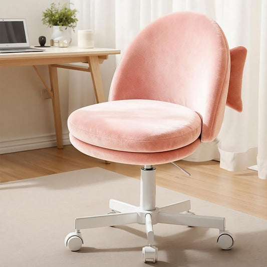 GTPLAYER Velvet Tall Office Chair with Wheels Vanity Chairs with Back, Versatile Height Use: Office to Bar Stools Small Ergonomic Comfy Armlees Computer Desk Chair with Bow Lumbar Pillow for Gift