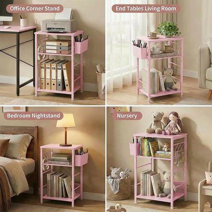 ECOLOVI 3 Tier Printer Stand for Under Desk, Height Adjustable Shelf Small Printer Table with 3 S-Hooks & Basket, Heavy Duty Industrial Storage Shelf for Home Office (Pink Wood)