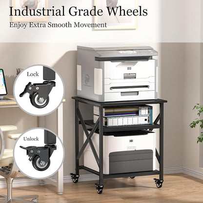Printer Stand, 23.6 x 23.6 Inches Large Printer Stand with Adjustable Storage Shelf, 3 Tier Printer Table for Home Office, Rolling Printer Cart with Industrial Wheels, Mini Fridge Stand Table, Black