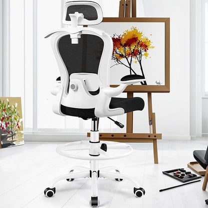 Drafting Chair, Tall Office Chair with 3D Lumbar & Head Support, Ergonomic Mesh Standing Desk Chair with Footring, Comfy Extended High Desk Chair with Flip-Up Arms & Hanger,White