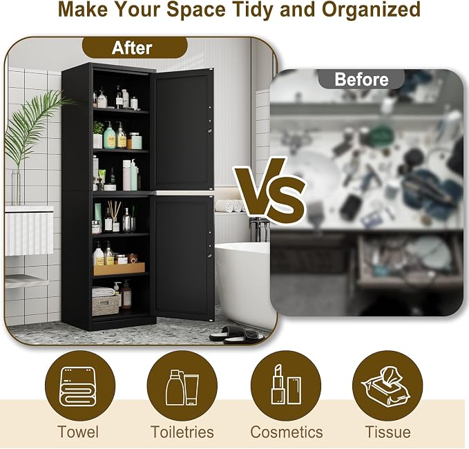 pozdeg 67" Metal Storage Cabinet with Lock, Tall Narrow Office File Cabinets with 2 Doors & 4 Adjustable Shelves, Metal Steel Locker for Home, School, Office, Garage or Gym (Black)