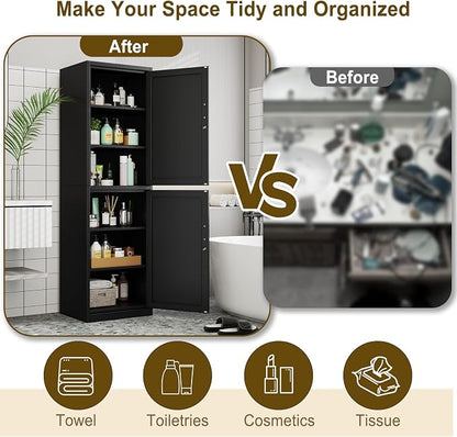 pozdeg 67" Metal Storage Cabinet with Lock, Tall Narrow Office File Cabinets with 2 Doors & 4 Adjustable Shelves, Metal Steel Locker for Home, School, Office, Garage or Gym (Black)