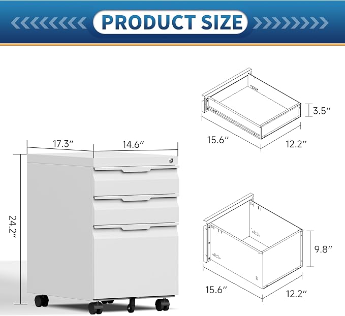 Locking File Cabinet 3 Drawers on Wheels Under Desk, Metal Filing Cabinets for Home Office, A4, Letter-Size Files, Hanging File Folders-White