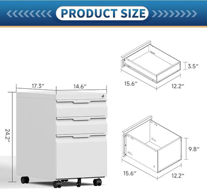 Locking File Cabinet 3 Drawers on Wheels Under Desk, Metal Filing Cabinets for Home Office, A4, Letter-Size Files, Hanging File Folders-White