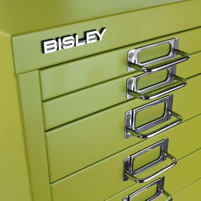 8-Drawer Steel MultiDrawer Cabinet - Green, by Bisley | Chrome Pull Handles with Label Holders, Powder-Coated Steel, Removable Drawers, Fits Under Most Desks, Labels Included