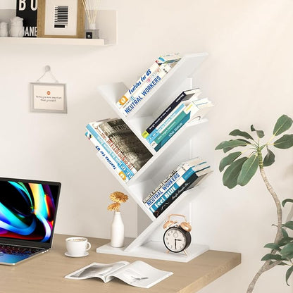 SHEEPAM 5 Tier Tree Book Shelf, Small Desktop Bookshelf with Storage Organizer, Wood Bookcase, Desk Display Bookshelves, Floor Standing Organizer Bookcases for Living Room,Bedroom,Office-White