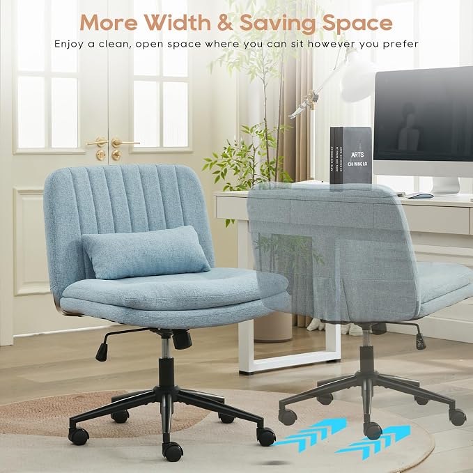 IPKIG Criss Cross Chair, Small Armless Desk Office Computer Chair with Wheels and Lumbar Pillow, Comfy Adjustable Swivel Task Vanity Chair Linen, Light Blue