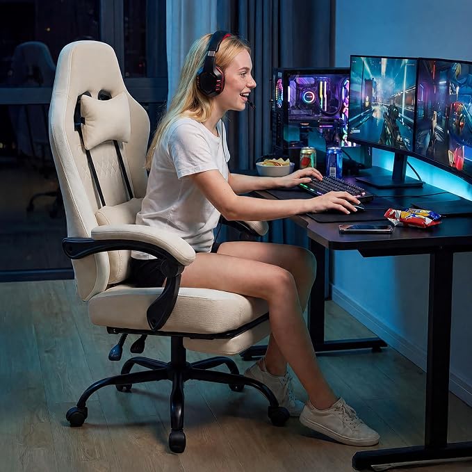 Sweetcrispy Computer Gaming Chair: High Back Ergonomic Desk Chair with Footrest and Lumbar Support, Height Adjustable with Linkage Armrests and Headrest, 360°Wheels, Fabric, Khaki
