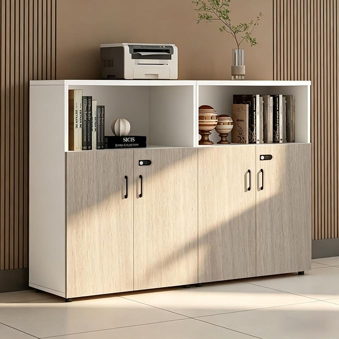 File Cabinet with Password Lock, Wood Lateral Filing Cabinet for Letter/A4 Files, 3 Drawer with Door, Printer Stand with Open Shelves for Home Office