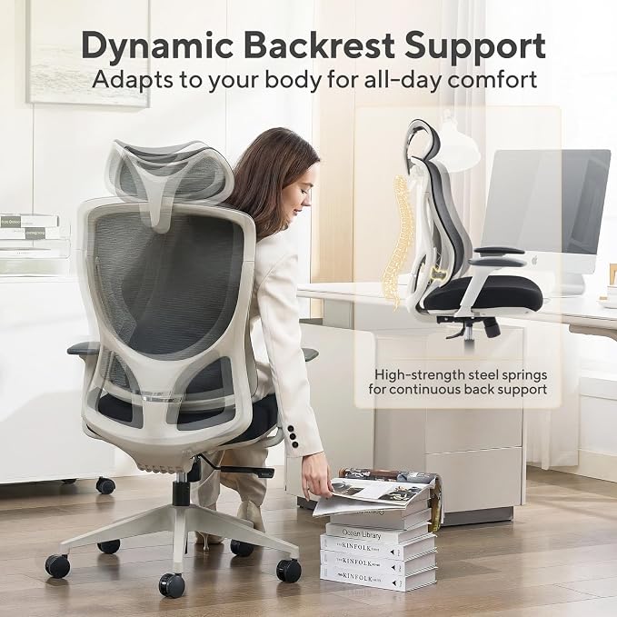 Nouhaus Apertura Ergonomic Office Chair, Home Office Desk Chairs w/Adjustable Lumbar Support & Headrest, Dynamic Back Support, 3D Armrests, High Back Mesh Comfy Computer Chair for Long Hours (Grey)