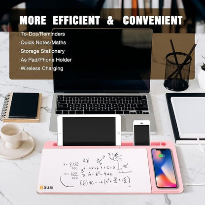 SELEAD Desktop Glass Whiteboard with Wireless Charger Station and Mirror, Dry Erase Board Computer Pad Keyboard Stand with Organizer for Home, School, Office Desk Accessories, Pink