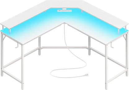 Huuger L Shaped Gaming Desk with Power Outlets & LED Lights, Computer Desk with Monitor Shelves, Carbon Fiber Surface, Home Office Desk, Corner Gaming Desk with Hooks, Carbon Fiber White