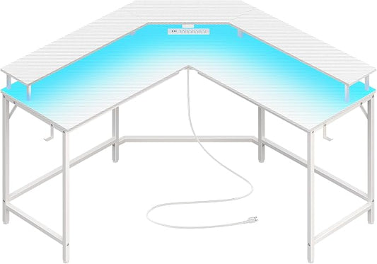 Huuger L Shaped Gaming Desk with Power Outlets & LED Lights, Computer Desk with Monitor Shelves, Carbon Fiber Surface, Home Office Desk, Corner Gaming Desk with Hooks, Carbon Fiber White