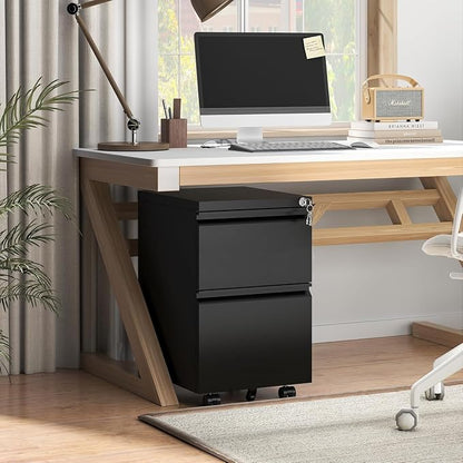 Guizeeopo 2 Drawer Locking File Cabinet, Fully Assembled Heavy-Duty Metal Filing Cabinets for Home Office, Quiet Slides, Anti-Tipping Wheels, Fits A4/Letter/Legal, Matte Black
