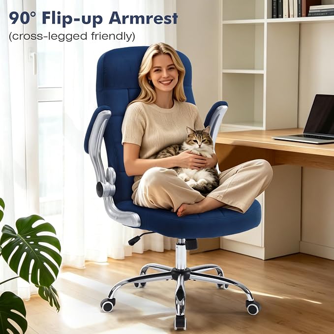 Fabric Home Office Chair Comfy, Velvet High Back Executive Desk Chair with Flip-Up Arms, Ergonomic Office Chairs with Lumbar Support, Upholstered Computer Chair with Wheels,Blue
