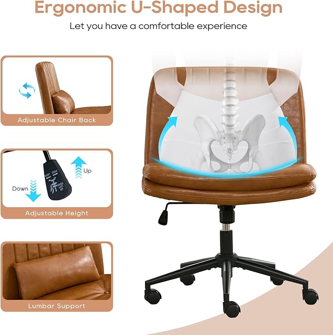 IPKIG Criss Cross Chair, Small Armless Desk Office Computer Chair with Wheels and Lumbar Pillow, Comfy Adjustable Swivel Task Vanity Chair Faux Leather, Brown