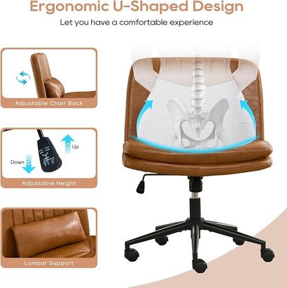 IPKIG Criss Cross Chair, Small Armless Desk Office Computer Chair with Wheels and Lumbar Pillow, Comfy Adjustable Swivel Task Vanity Chair Faux Leather, Brown