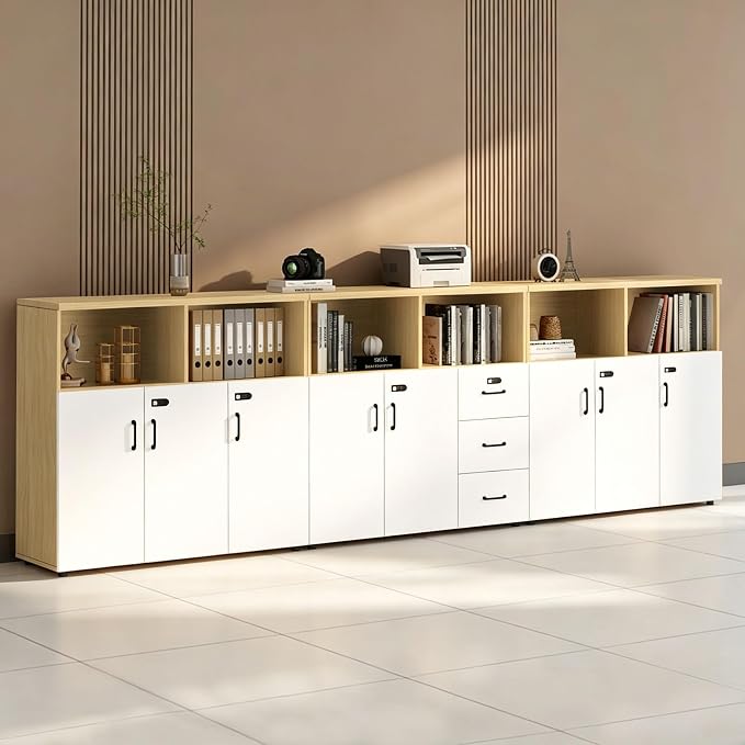 File Cabinet with Password Lock, Wood Lateral Filing Cabinet for Letter/A4 Files, 3 Drawer with Door, Printer Stand with Open Shelves for Home Office