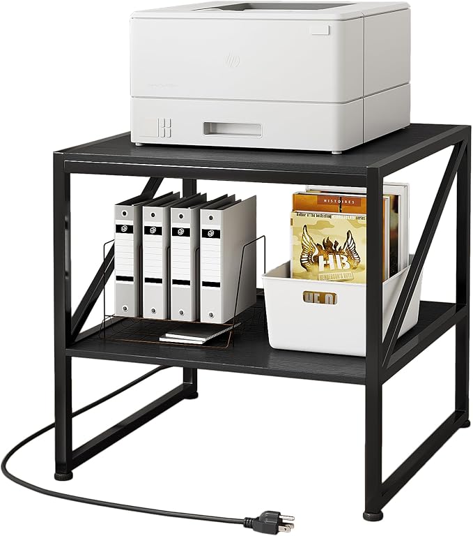 2-Tier Large Priner Stand with Charging Station, 20"×20" Under Desk Printer Table with Power Outlets and USB Ports for Home Office, Mini Fridge Stand, Storage Shelf for Scanner Fax Machine, Black