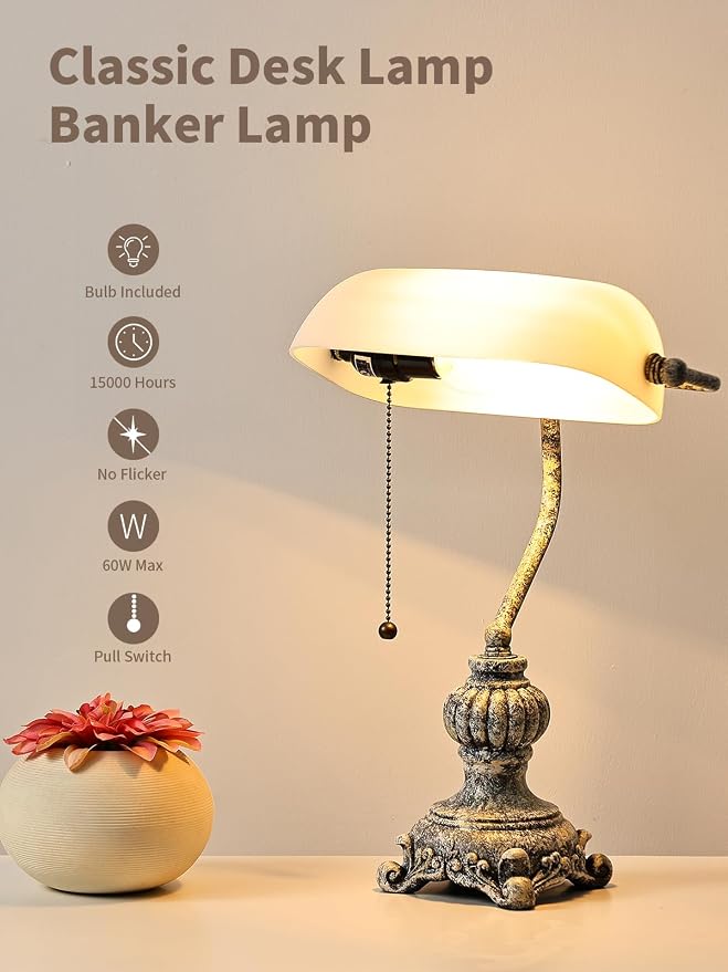 Retro White Matted Glass Bankers Desk Lamp,LED Bulb Included | for Home Office,Library with Pull Chain Switch Plug in Fixture