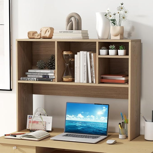 GOFLAME 4 Cubes Desktop Bookshelf, 37” Tabletop Wood Desk Shelf for Computer Monitor, Modern Countertop Desk Display Hutch Storage Organizer Shelf for Home Office, Dorm, Study, Natural