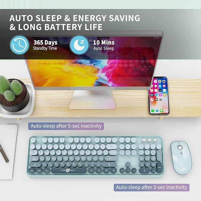 Wireless Keyboard and Mouse Combo Cute Colorful Keyboard and Mouse, Retro Typewriter Keyboard with 2.4GHz Plug & Play, for Windows 11/10/7, Laptop, PC (Blue)