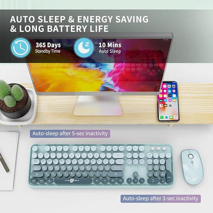 Wireless Keyboard and Mouse Combo Cute Colorful Keyboard and Mouse, Retro Typewriter Keyboard with 2.4GHz Plug & Play, for Windows 11/10/7, Laptop, PC (Blue)