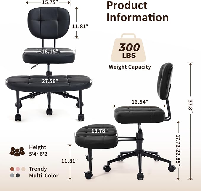 Criss Cross Chair Armless Office Chair for Cross Legged Sitting, 300lb Heavy Duty Ergonomic Desk Chair for ADHD, Adjustable Meditation Yoga Kneeling Chair with Brake Wheels for Home Office (Black)