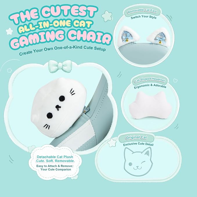 Dowinx Gaming Chair with Cat Ears and Massage Lumbar Support, Ergonomic Computer Chair with Footrest and Headrest, Comfortable Reclining Game Chair 290lbs for Adults, Blue
