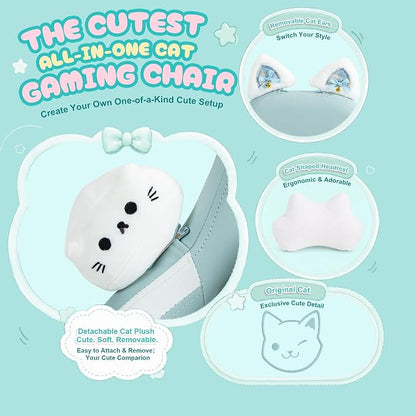 Dowinx Gaming Chair with Cat Ears and Massage Lumbar Support, Ergonomic Computer Chair with Footrest and Headrest, Comfortable Reclining Game Chair 290lbs for Adults, Blue