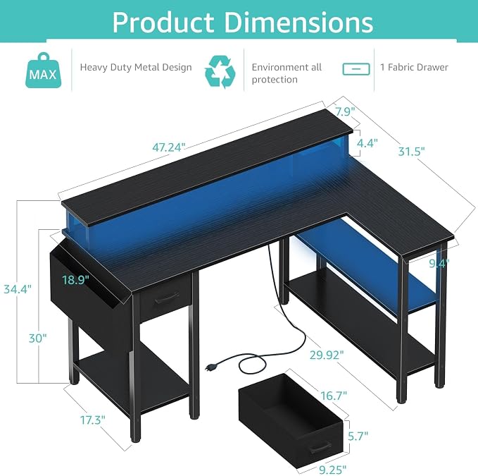 Lufeiya L Shaped Gaming Desk with Fabric Drawers and Storage Shelves, 47 inch Home Office Desk with Monitor Stand, Computer Desk with LED Lights and Power Outlets, Black