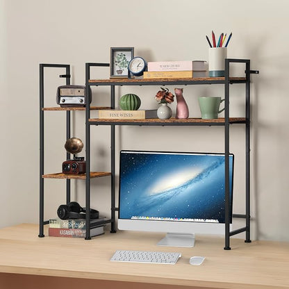 YBING Desktop Bookshelf, Desk Hutch Dorm, 4 Tier Desk Organizer Shelf Wood Over Computer Desk Shelves Multipurpose Desk Top Storage Display Rack for Home Office, Rustic Brown