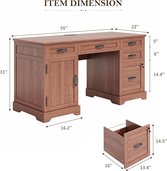 Whalefall 55'' Farmhouse Desk Home Office with Drawers, Brown | Executive Computer Desk with File Cabinet and Charging Station, Wooden Small Desk with Locking Drawers Storage