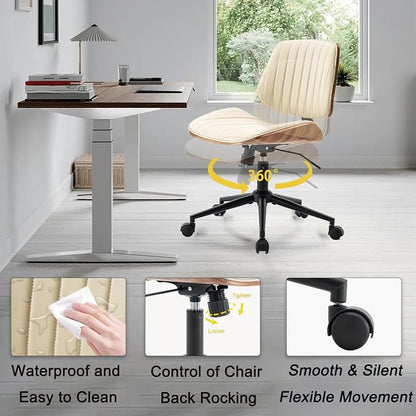 Home Office Desk Chair with Wheels, Modern PU Leather Swivel Computer Chair, Armless Upholstered Cirss Cross Vanity Chair for Home Office, Reading, Meeting, Beige