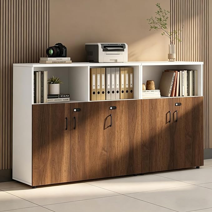 File Cabinet with Password Lock, Wood Lateral Filing Cabinet for Letter/A4 Files, 3 Drawer with Door, Printer Stand with Open Shelves for Home Office