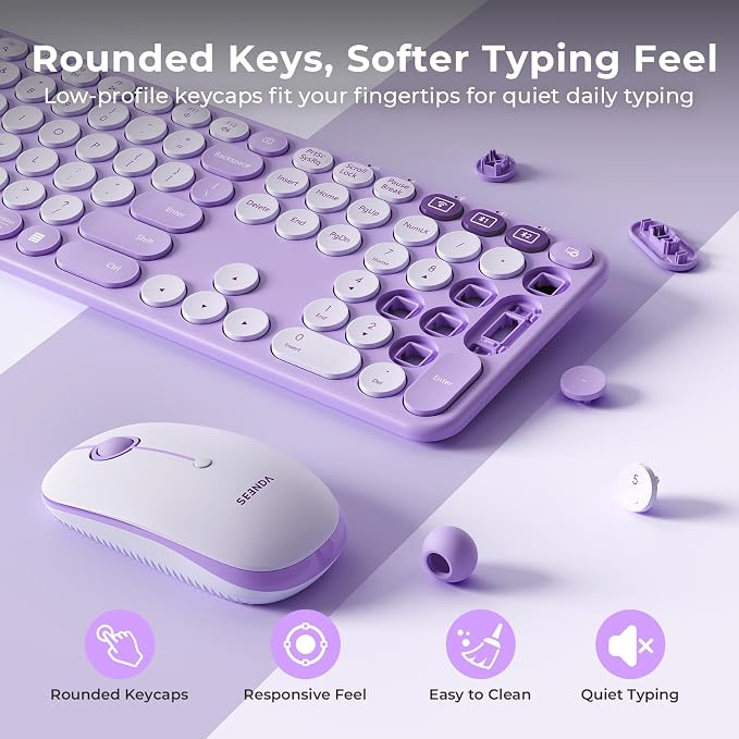 seenda COE202 Wireless Bluetooth Keyboard and Mouse Combo, Star Purple | USB & Dual Bluetooth for 3-Device Switching, Soft Quiet Round Keys, Silent Clicks, Full-Size for PC/Laptop/Mac/MacBook/iPad