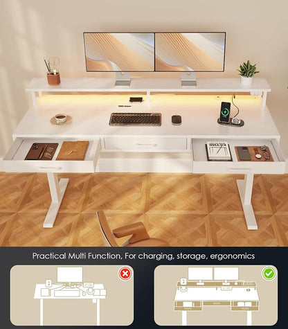 OffiGo Electric Standing Desk with Drawers, 63 Inch Height Adjustable Desk with Power Outlets & LED Lights, Sit Stand Table with Monitor Stand for Home, Office, Workstation, White