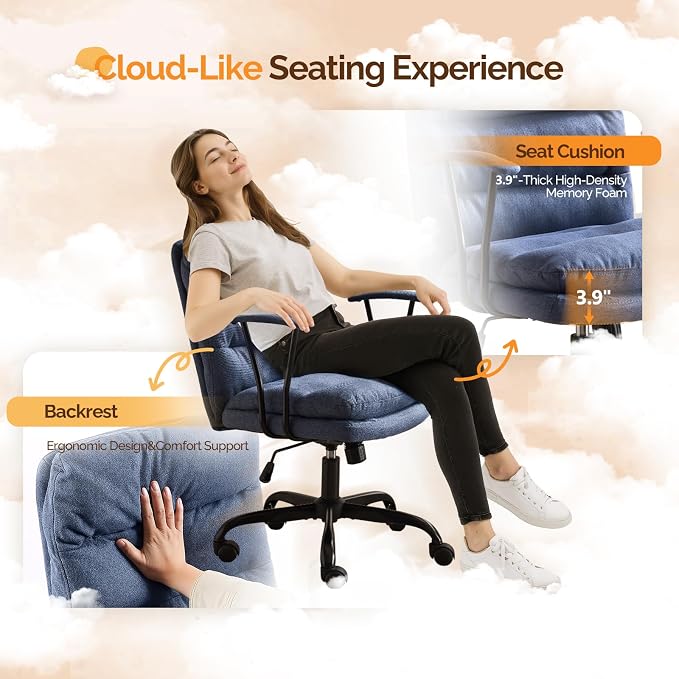VINGLI Comfortable Office Desk Chairs with/No Wheels,Dual-Base,Removable Armrests,Adjustable Comfy Rolling Swivel Computer Nail Tech Chair for Office,Sewing,Makeup Vanity,Teen,Linen Fabric,Navy Blue