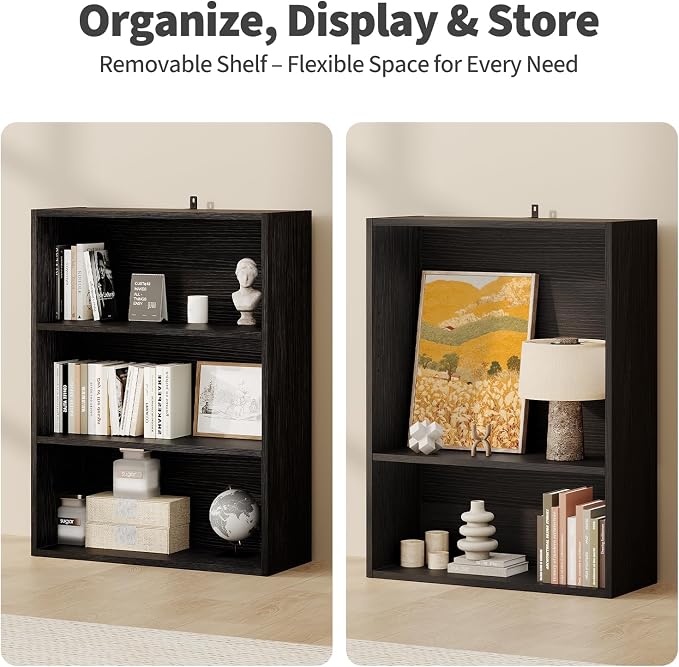 Sweetcrispy Industrial 3 Shelf Bookcase - Large 31.5 Inch Tall Floor Standing Open Bookshelf for Home Office, Living Room, and Bedroom Storage, Classic Black